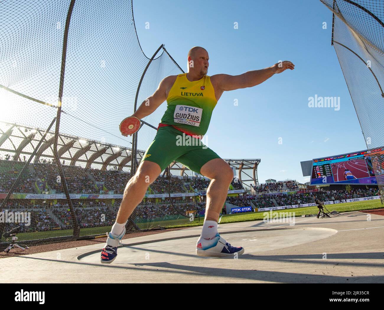 Andrius Gudzius of Lithuania competing in the men’s discus heats at Hayward Field Stadium, World Athletics Championships Oregon 2022 0n the 17th July Stock Photo
