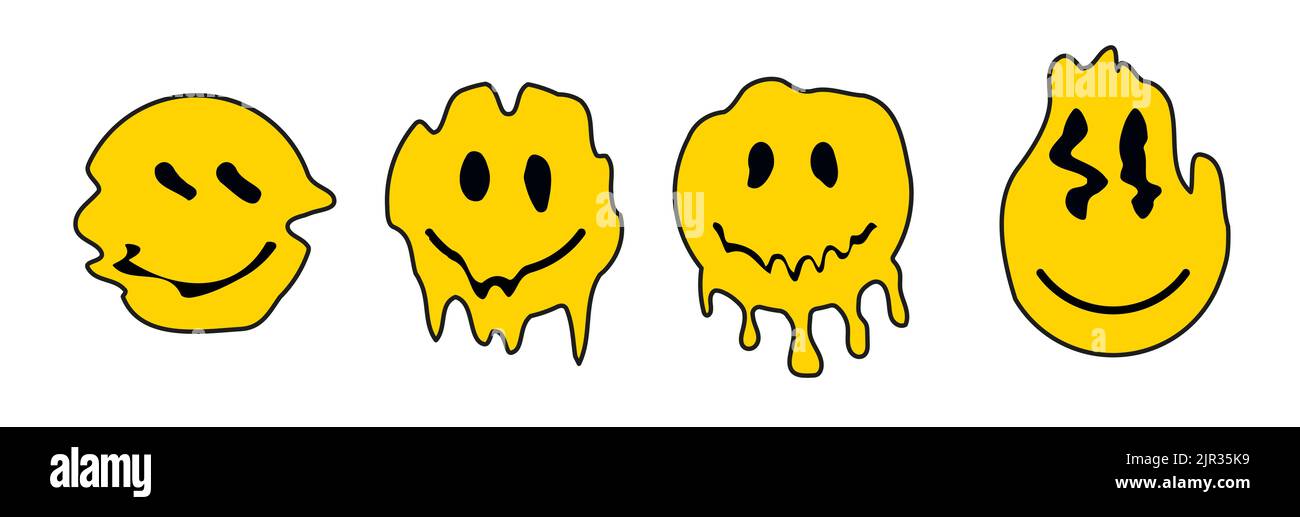 Dripping smiles art cartoon happy acid sticker ghost. Slogan typography cartoon face drip art. Stock Vector