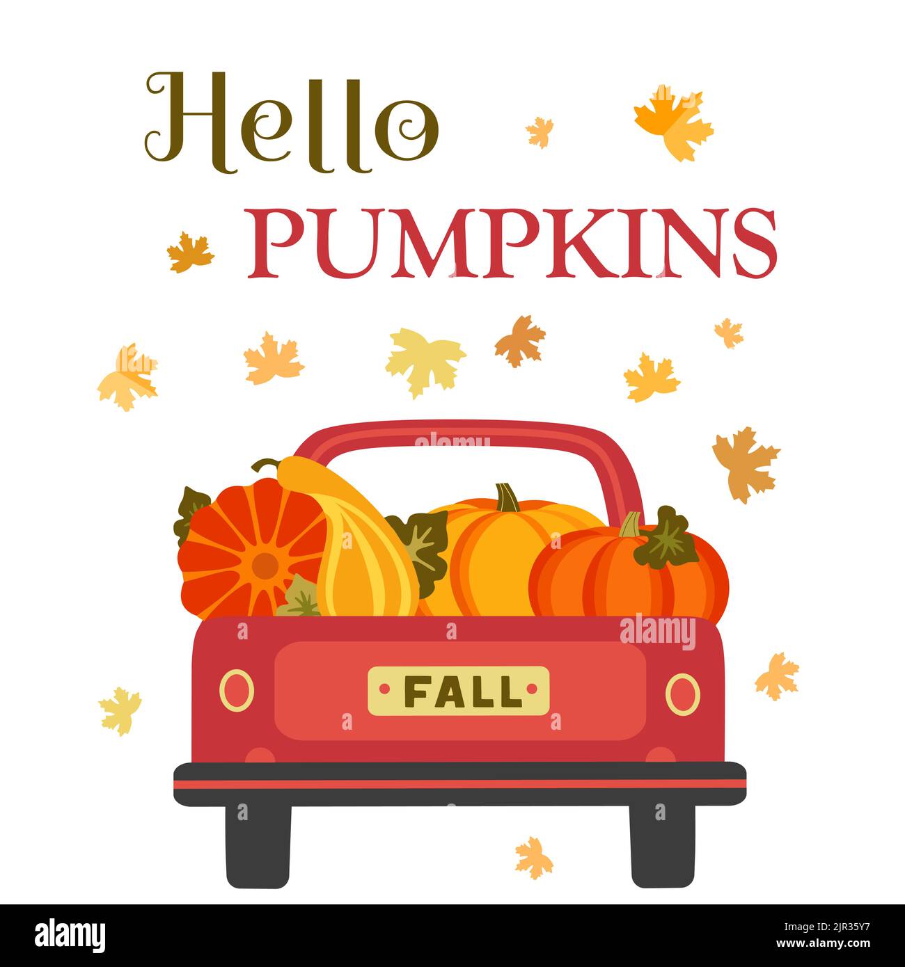 Pumpkins in red farm pickup, autumn leaves on white background vector illustration. Fall harvest