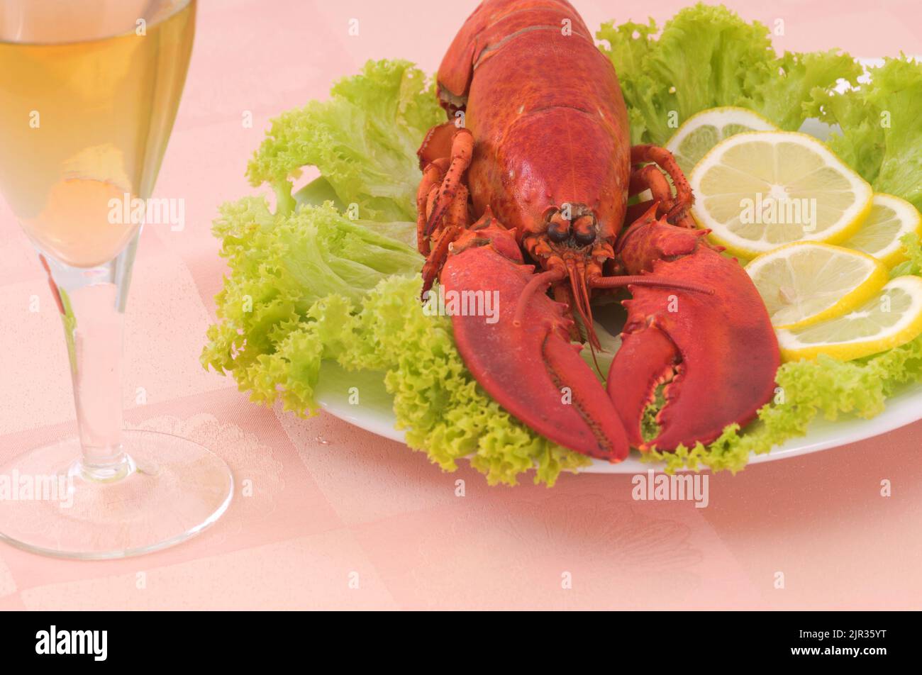 Boiled lobster on a plate with lemon, lettuce, and a glass of white wine Stock Photo