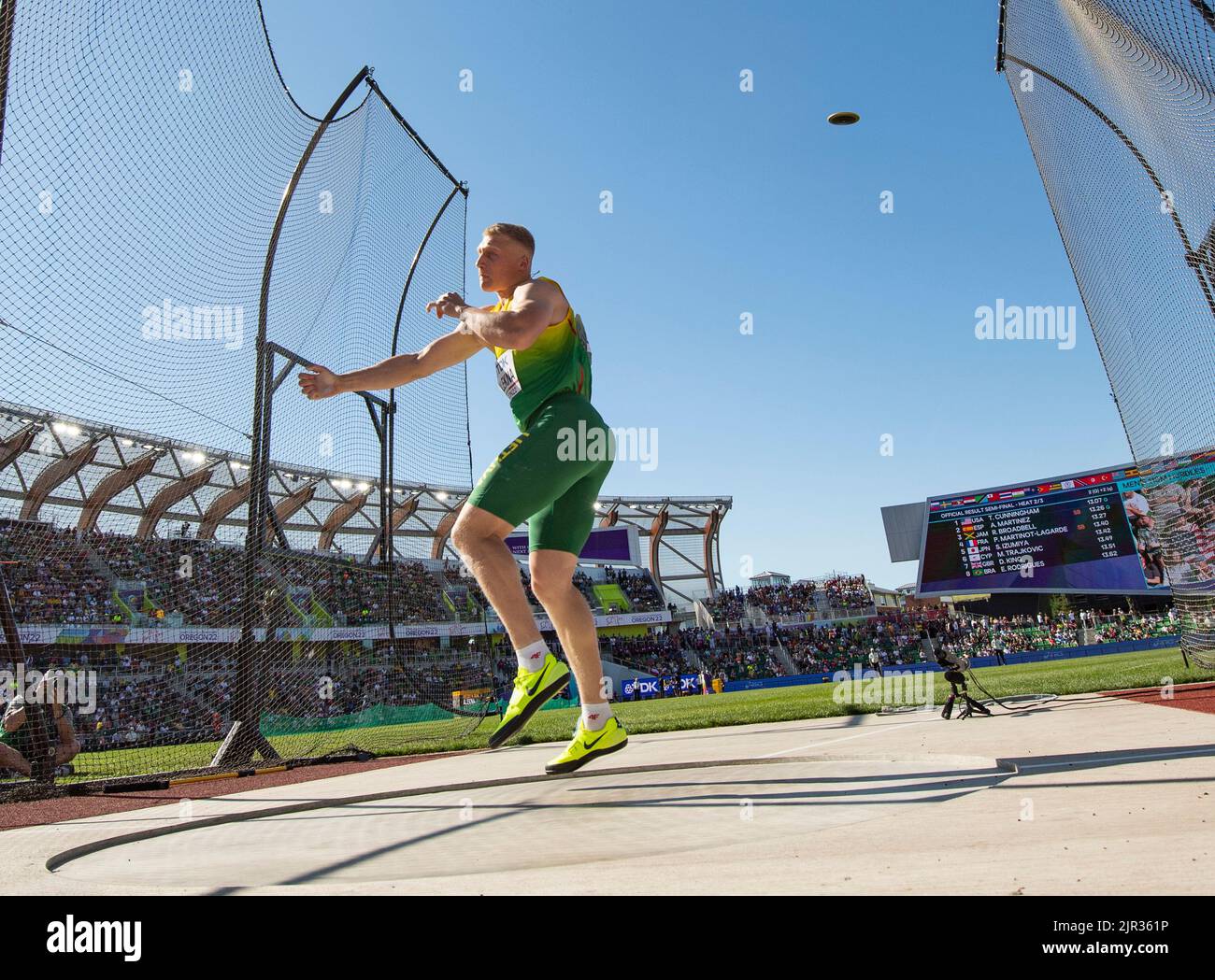 Mykolas Alekna of Lithuania competing in the men’s discus heats at Hayward Field Stadium, World Athletics Championships Oregon 2022 0n the 17th July 2 Stock Photo