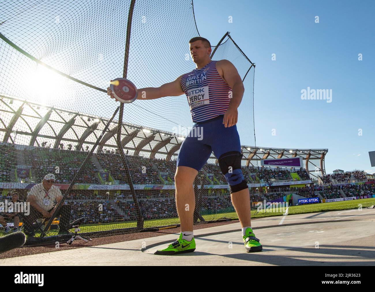 Nick Percy of GB&NI competing in the men’s discus heats at Hayward