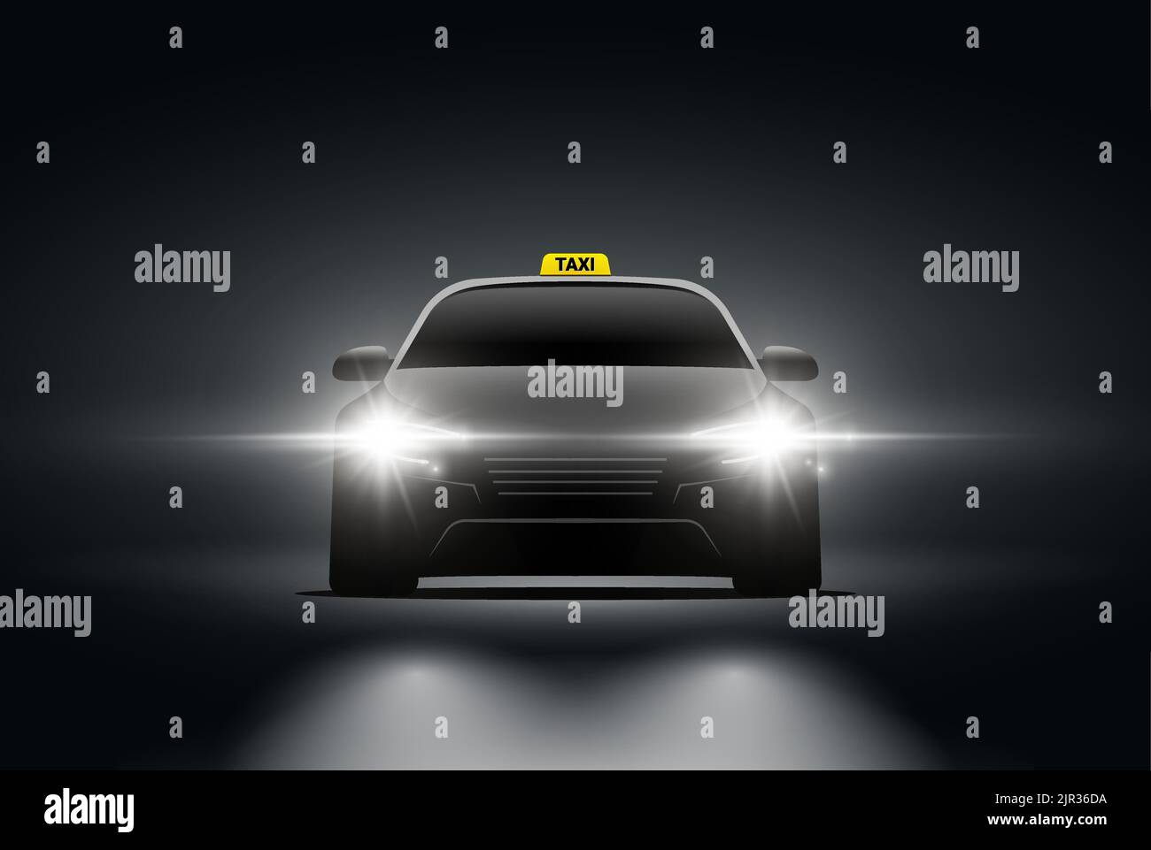 Taxi car front view in dark. Vector background night front view taxi car flash light head design. Stock Vector