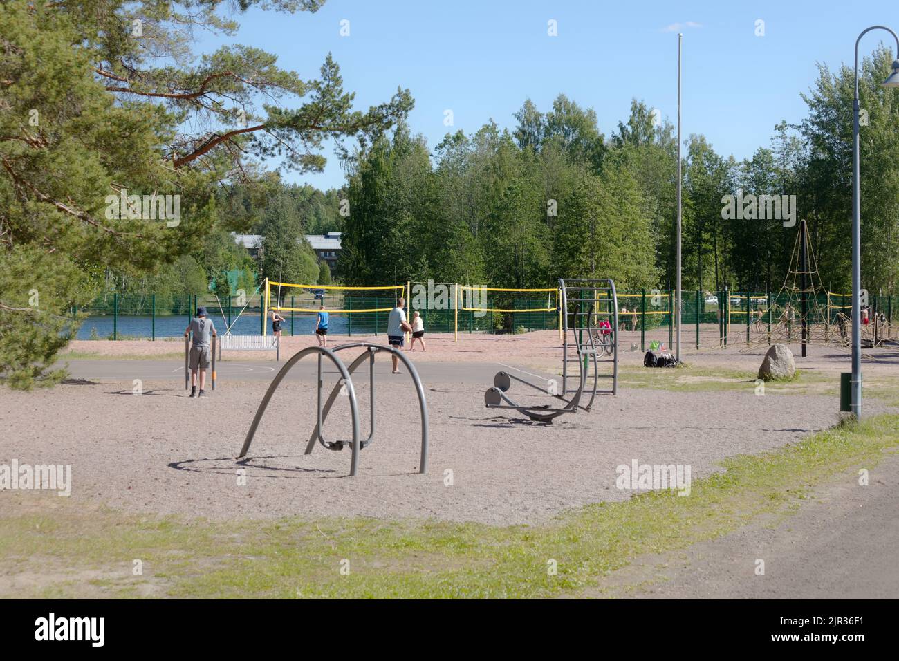 People at beach volley courts in Myllysaari family park in Lappeenranta, Finland Stock Photo