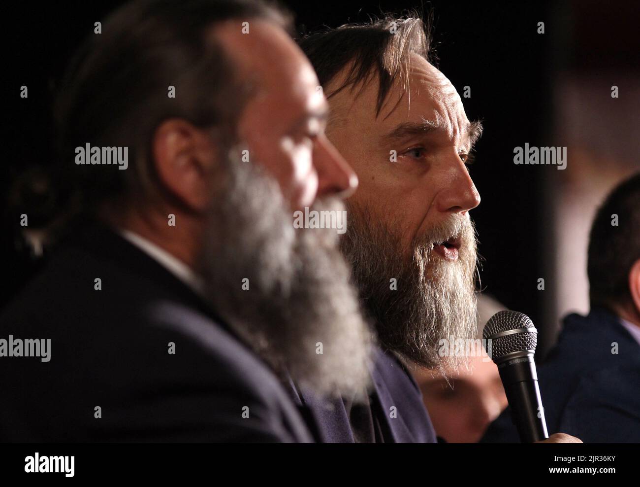 Bucharest, Romania - April 05, 2017: Aleksandr Dugin, Russian political analyst, strategist, writer and philosopher, holds a press conference in Bucha Stock Photo
