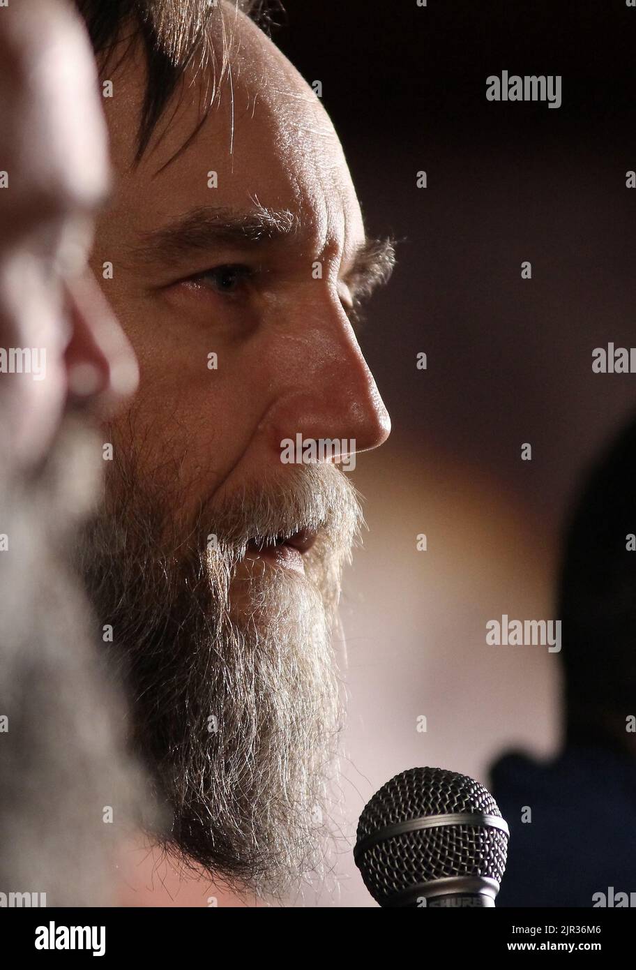 Bucharest, Romania - April 05, 2017: Aleksandr Dugin, Russian political analyst, strategist, writer and philosopher, holds a press conference in Bucha Stock Photo