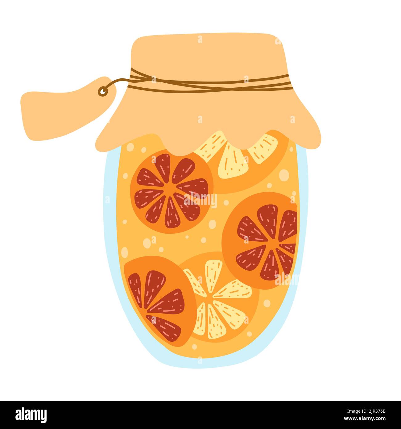 Home made orange and grapefruit jam jar, canned fruit in cartoon hand drawn flat style. Vector illustration of glass jar with preserved food, compote Stock Vector