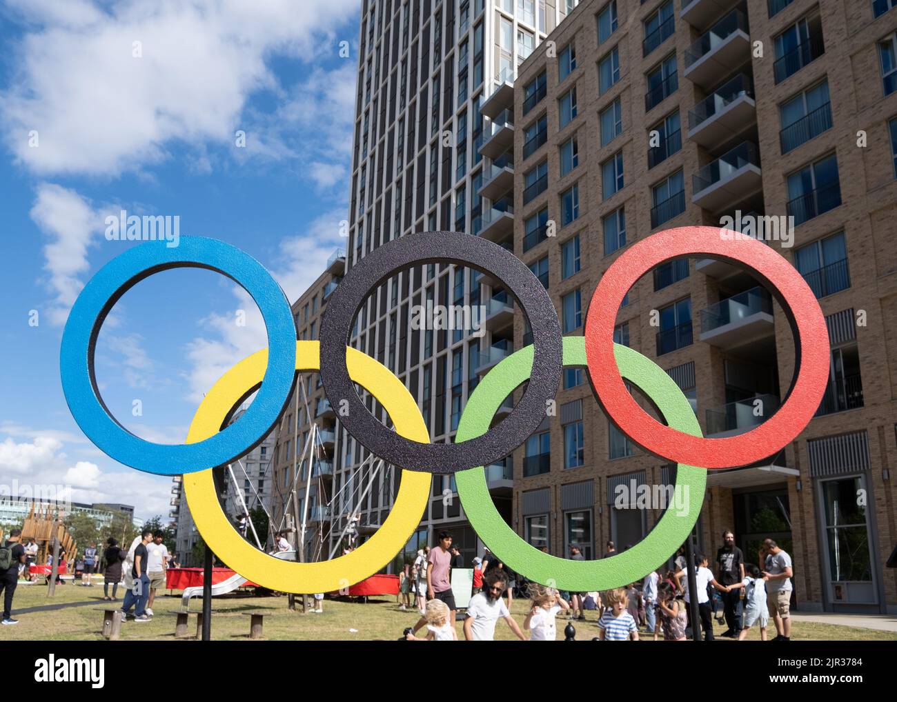 Olympic Rings, E20 Summer Fete, celebrating the 10 year anniversary of London 2012 Olympics where East Village was home too 17,000 athletes. UK Stock Photo