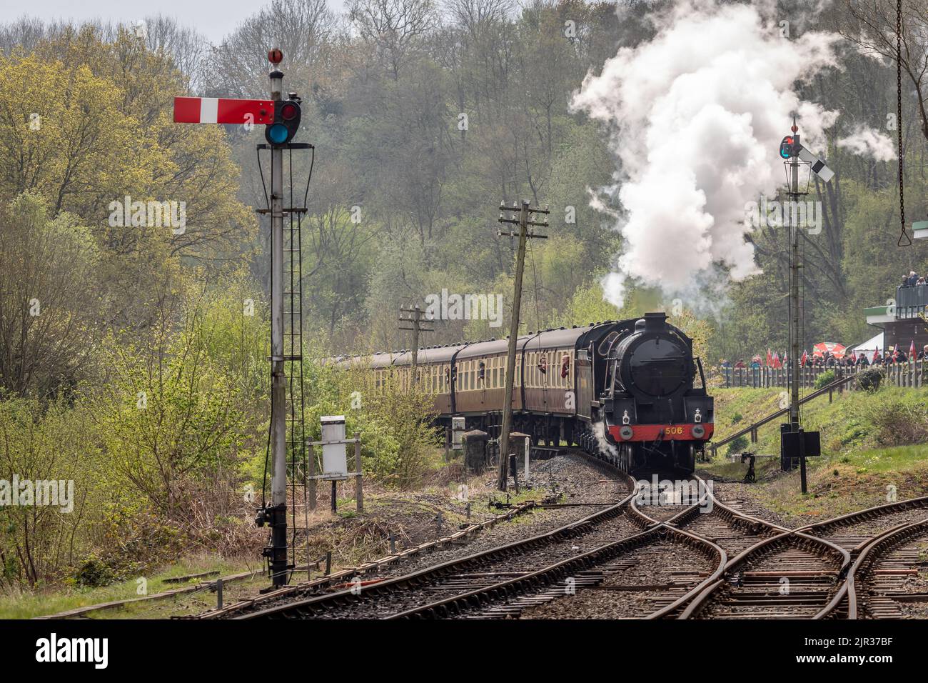 SR 'S15' 4-6-0 No. 506 arrives at Highley station on the Severn Valley Railway, Worcestershire Stock Photo