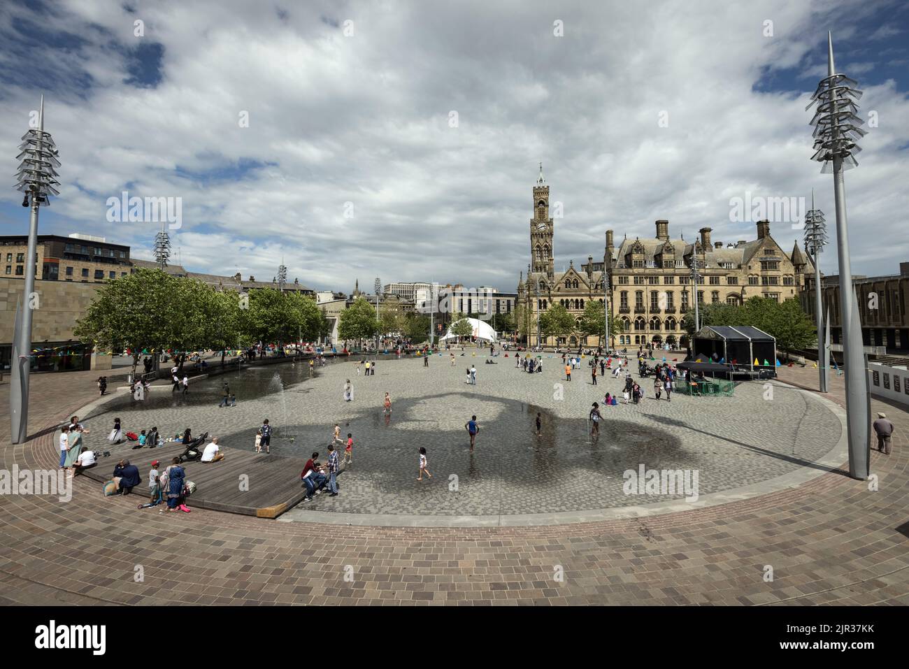 Bradford city centre, with the mirror pool and City Hall, centre right