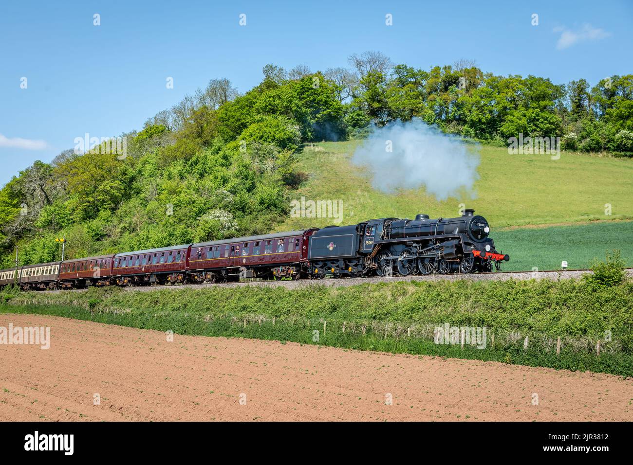 BR '4MT' 4-6-0 No. 75069 passes Castle Hill shortly after leaving Williton on the West Somerset Railway, Somerset Stock Photo