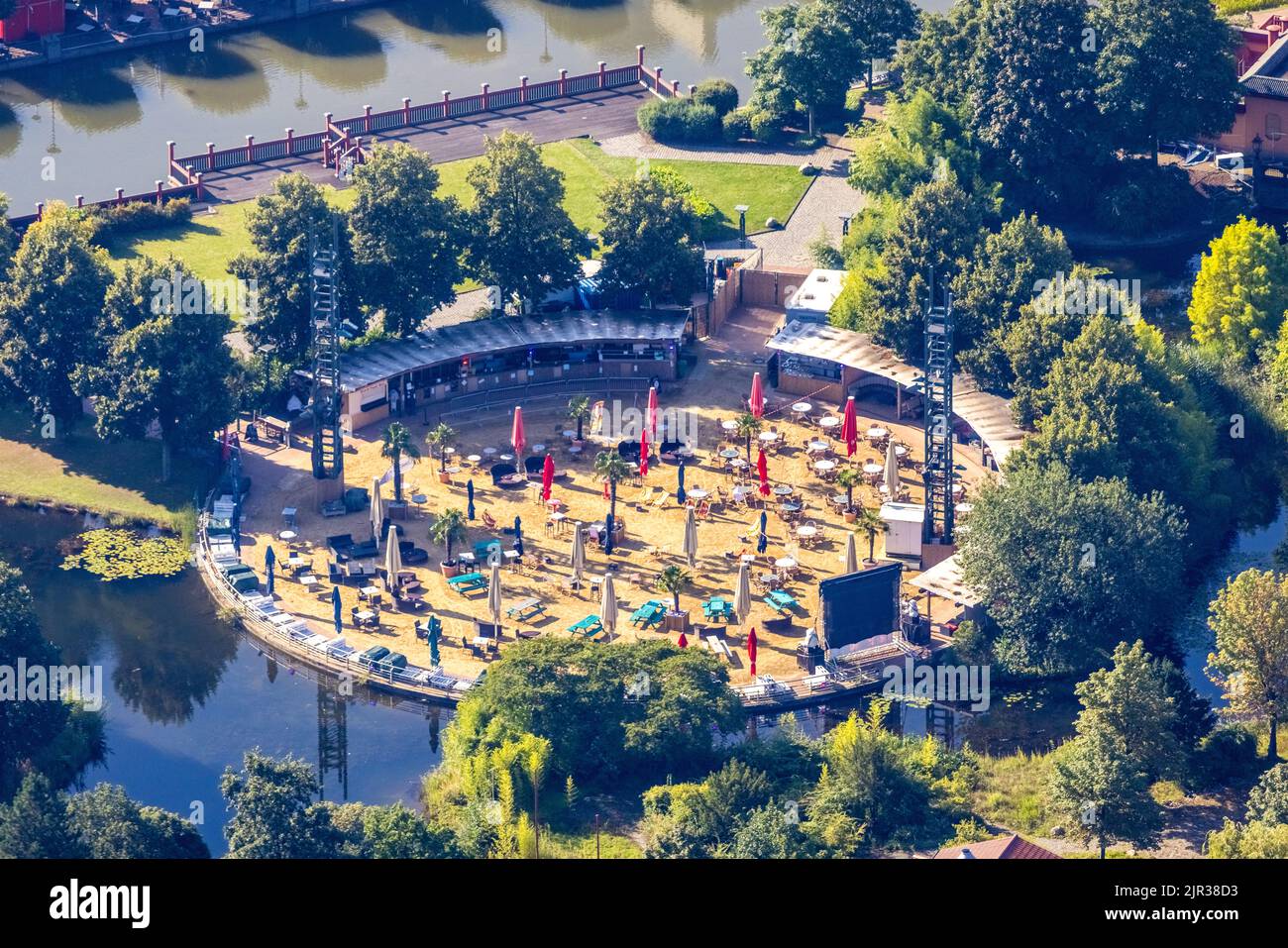 Aerial view, CentrO.Park with Beach Club and Corona distance rule in Centro Oberhausen in Borbeck, Oberhausen, Ruhr area, North Rhine-Westphalia, Germ Stock Photo