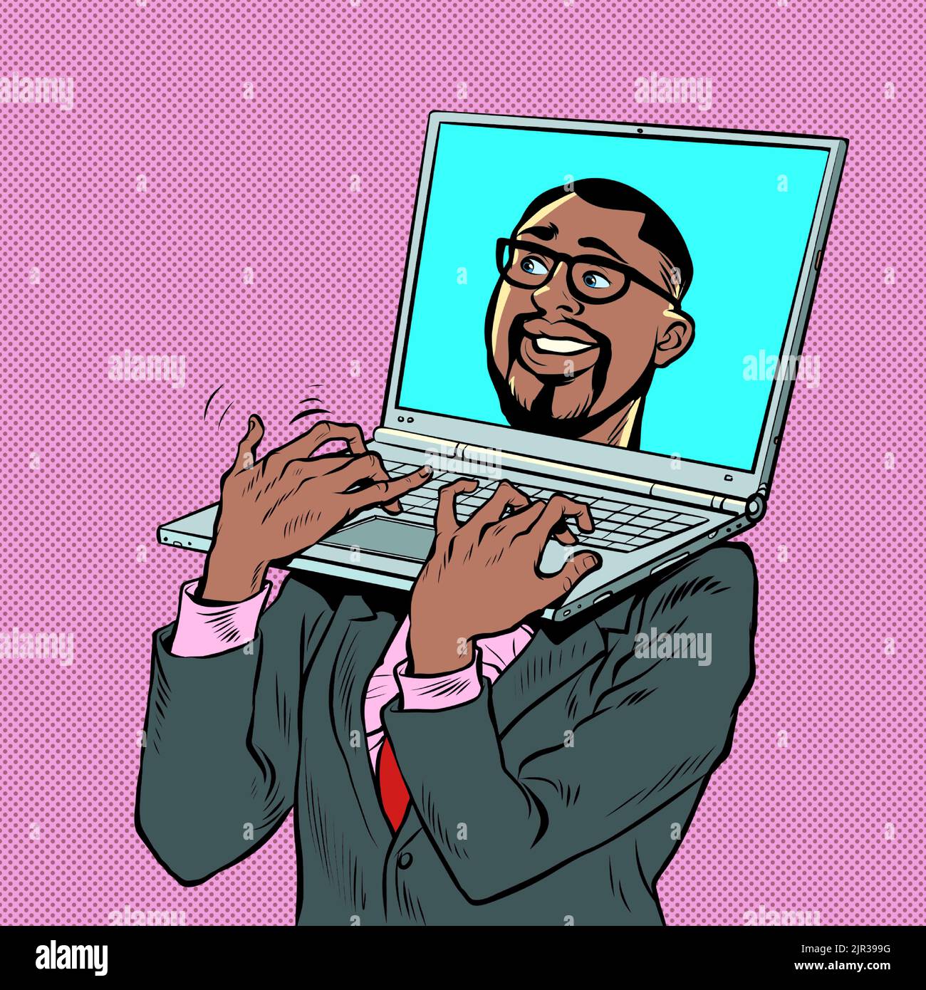 Pop art african american businessman with laptop laptop instead of a head. An electronic device carrying a computer. Office work Stock Vector