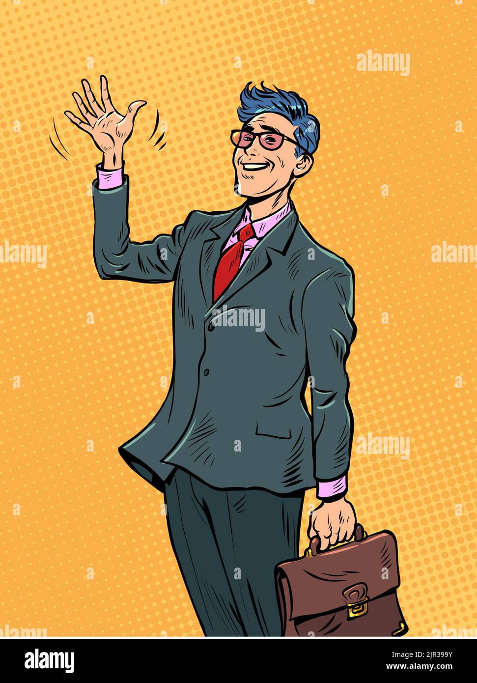Pop art Joyful businessman in suit greets, hello hand gesture. positive smile retro vector illustration 50s 60s style kitsch vintage Stock Vector