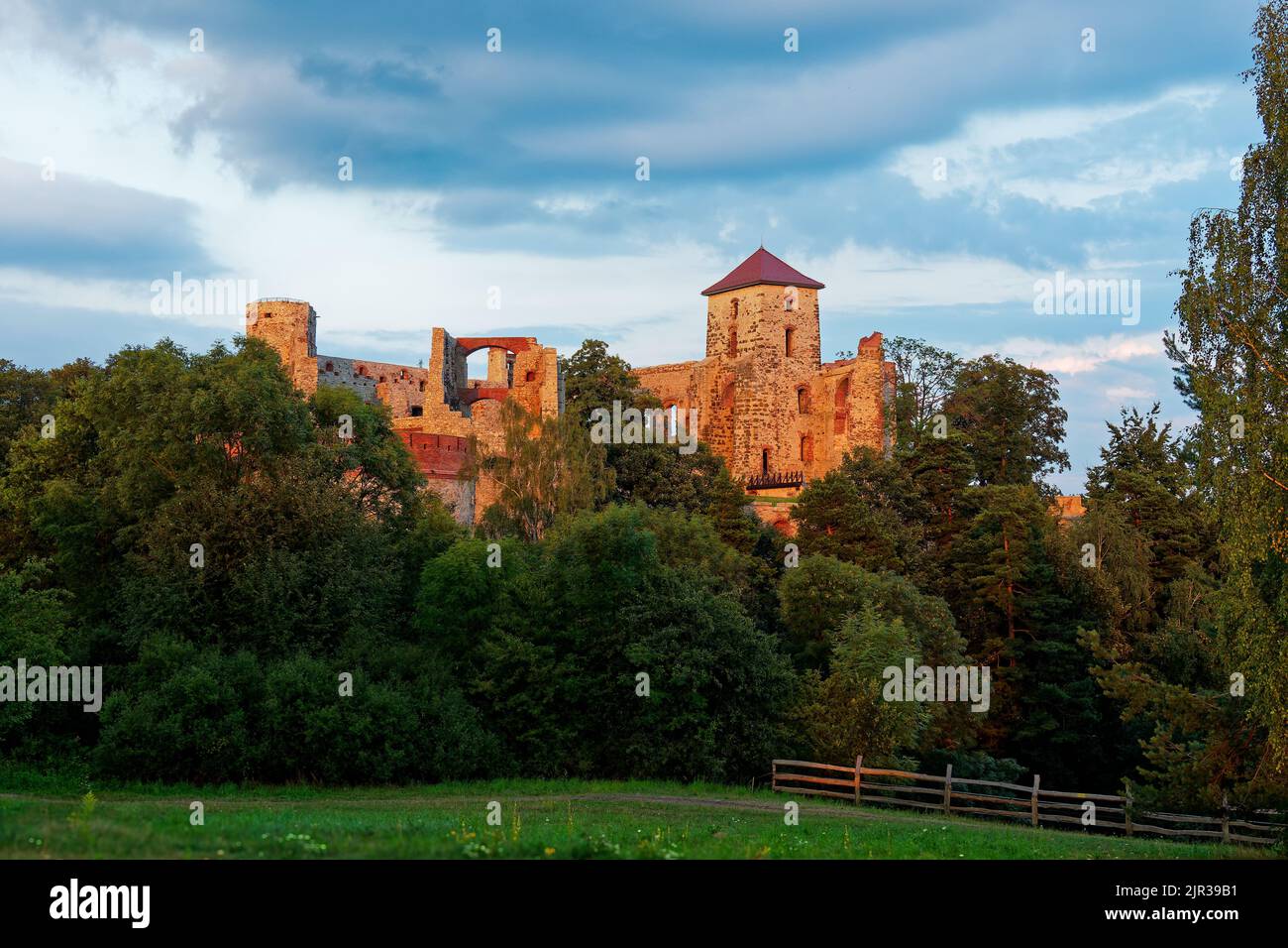 Tenczyn Castle is medieval castle in village Rudno in the Polish Jura, Poland, pillaged and burned by Swedish-Brandenburgian forces, stands on the rem Stock Photo
