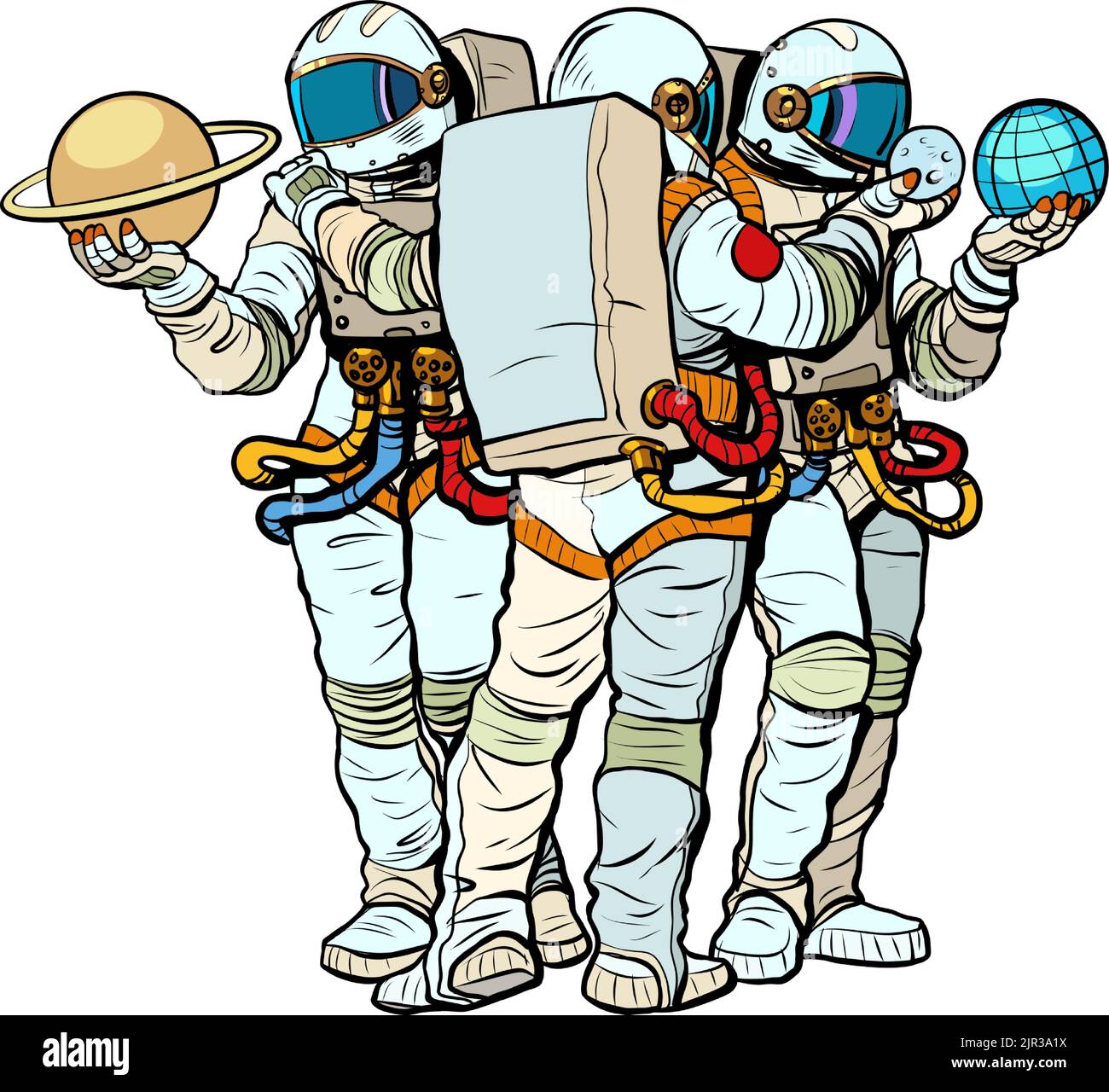 Astronauts view and explore the planets of the solar system. Earth and Saturn, Moon. astronautics science. Pop art retro vector illustration 50s 60s s Stock Vector