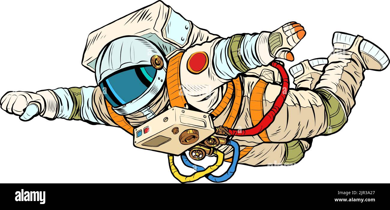 An astronaut in a spacesuit flies forward like a superhero. Weightlessness. Pop art retro vector illustration 50s 60s style kitsch vintage Stock Vector