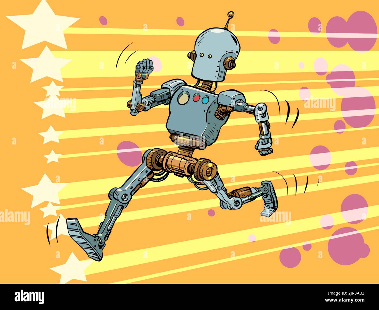 The robot runs along the red carpet. Leader Hero Pop art retro vector illustration 50s 60s style kitsch vintage Stock Vector