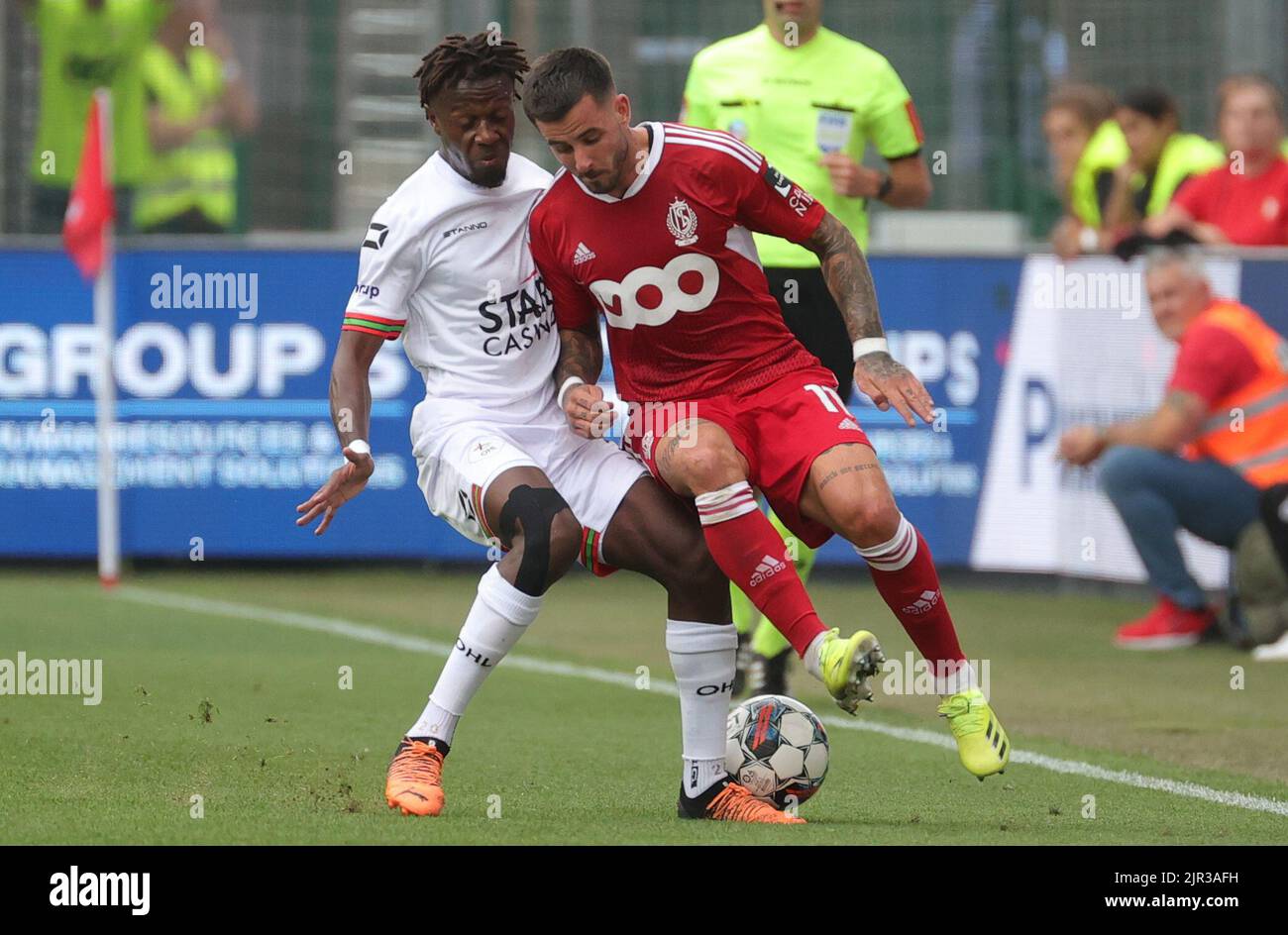Liege, Belgium, 21 August 2022, OHL's Hamza Mendyl and Standard's Aron