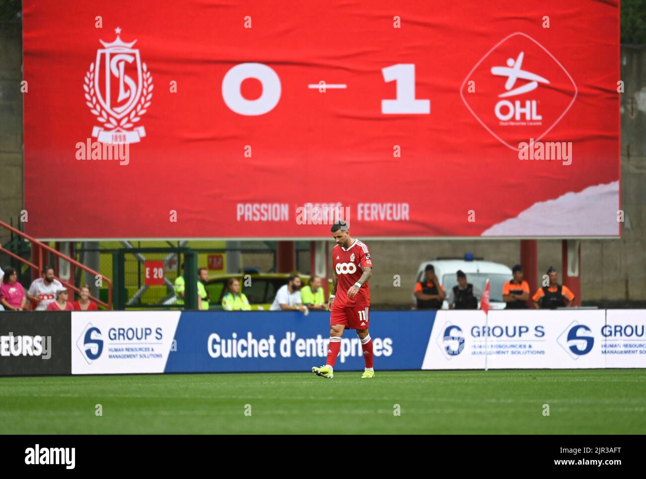 Liege, Belgium, 21 August 2022, Standard's Leonard Donnum reacts during