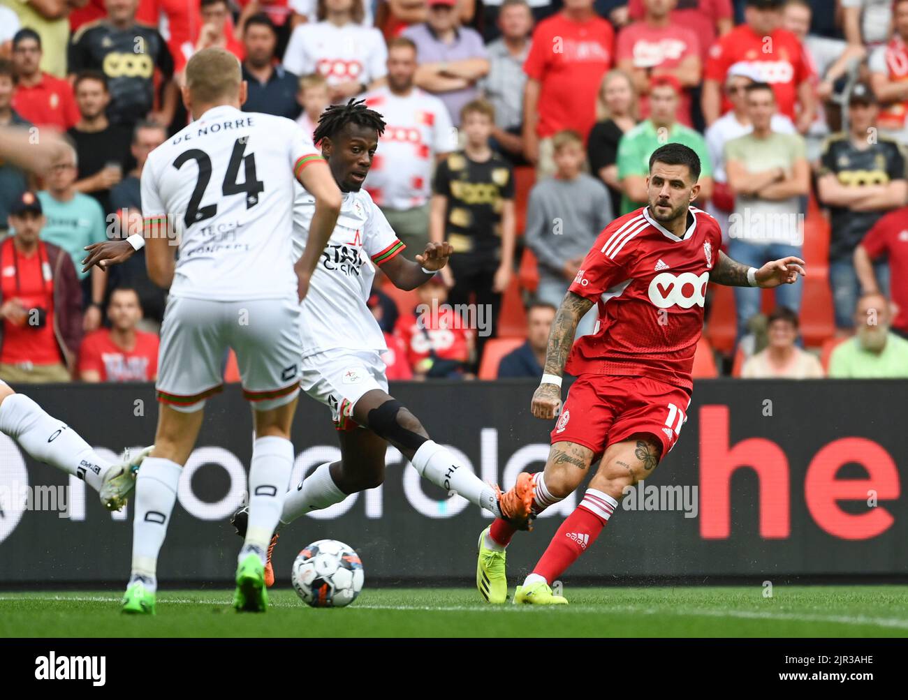 Liege, Belgium, 21 August 2022, OHL's Hamza Mendyl and Standard's
