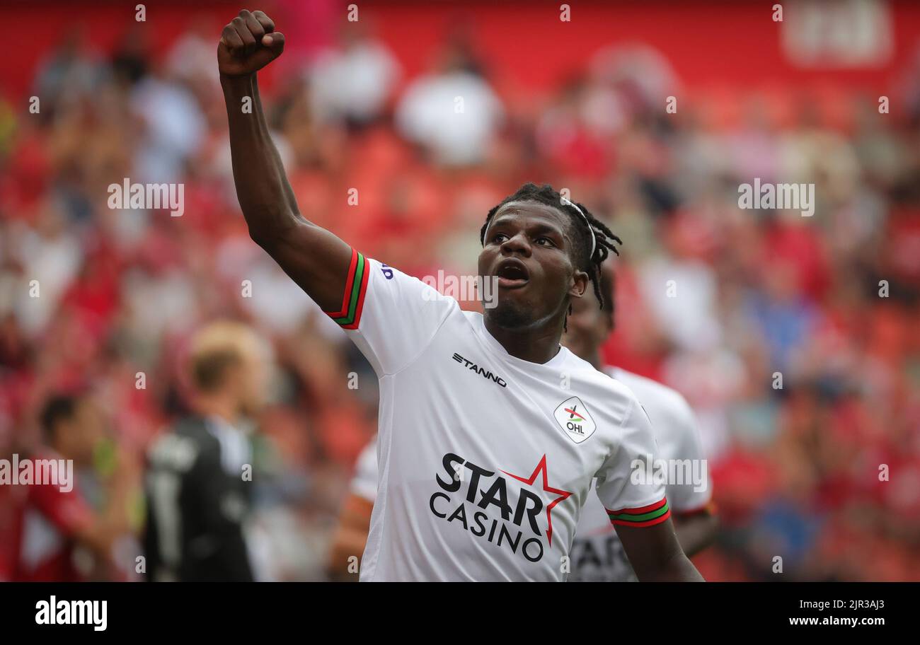 Liege, Belgium, 21 August 2022, OHL's Nachon Nsingi celebrates after ...