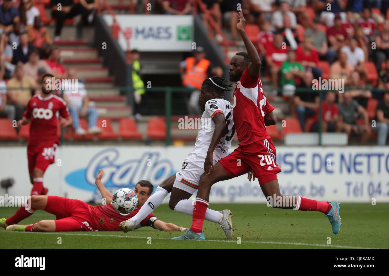 Liege, Belgium, 21 August 2022, OHL's Nachon Nsingi scoring the 02