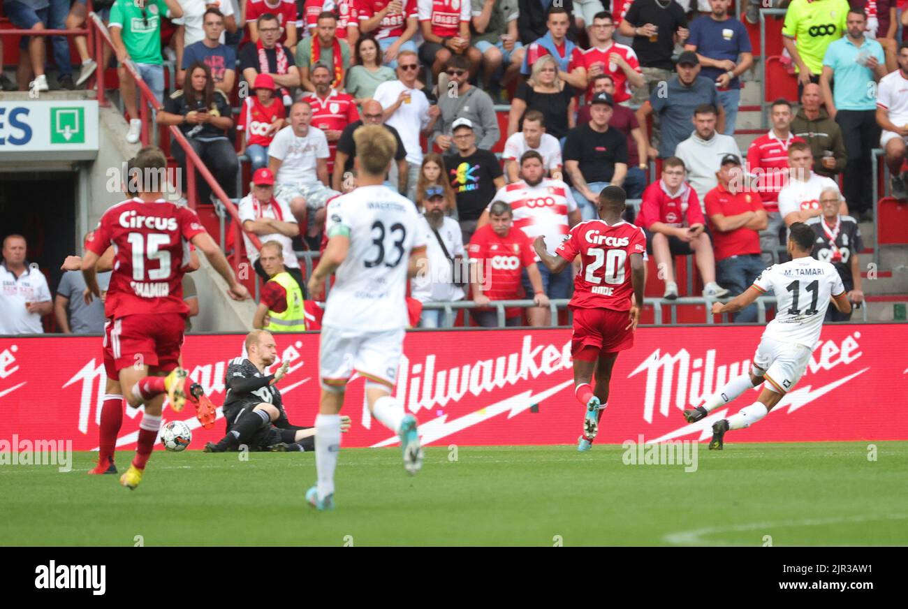 Liege, Belgium, 21 August 2022, OHL's Mousa Suleiman Tamari scoring the