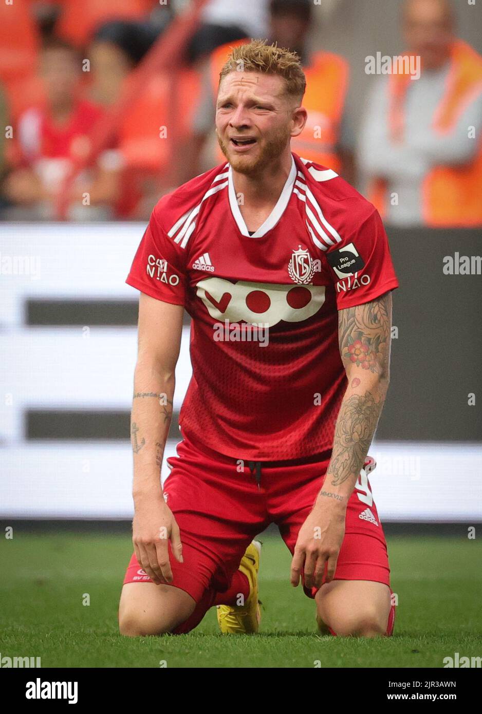 Liege, Belgium, 21 August 2022, Standard's Renaud Emond looks dejected