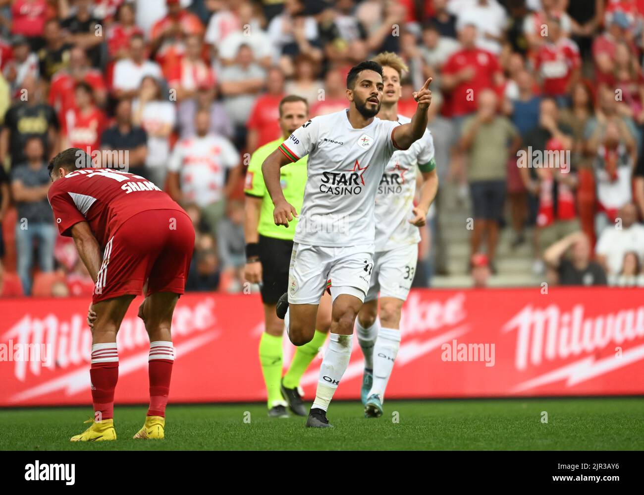 Liege, Belgium, 21 August 2022, OHL's Mousa Suleiman Tamari celebrates after scoring during a