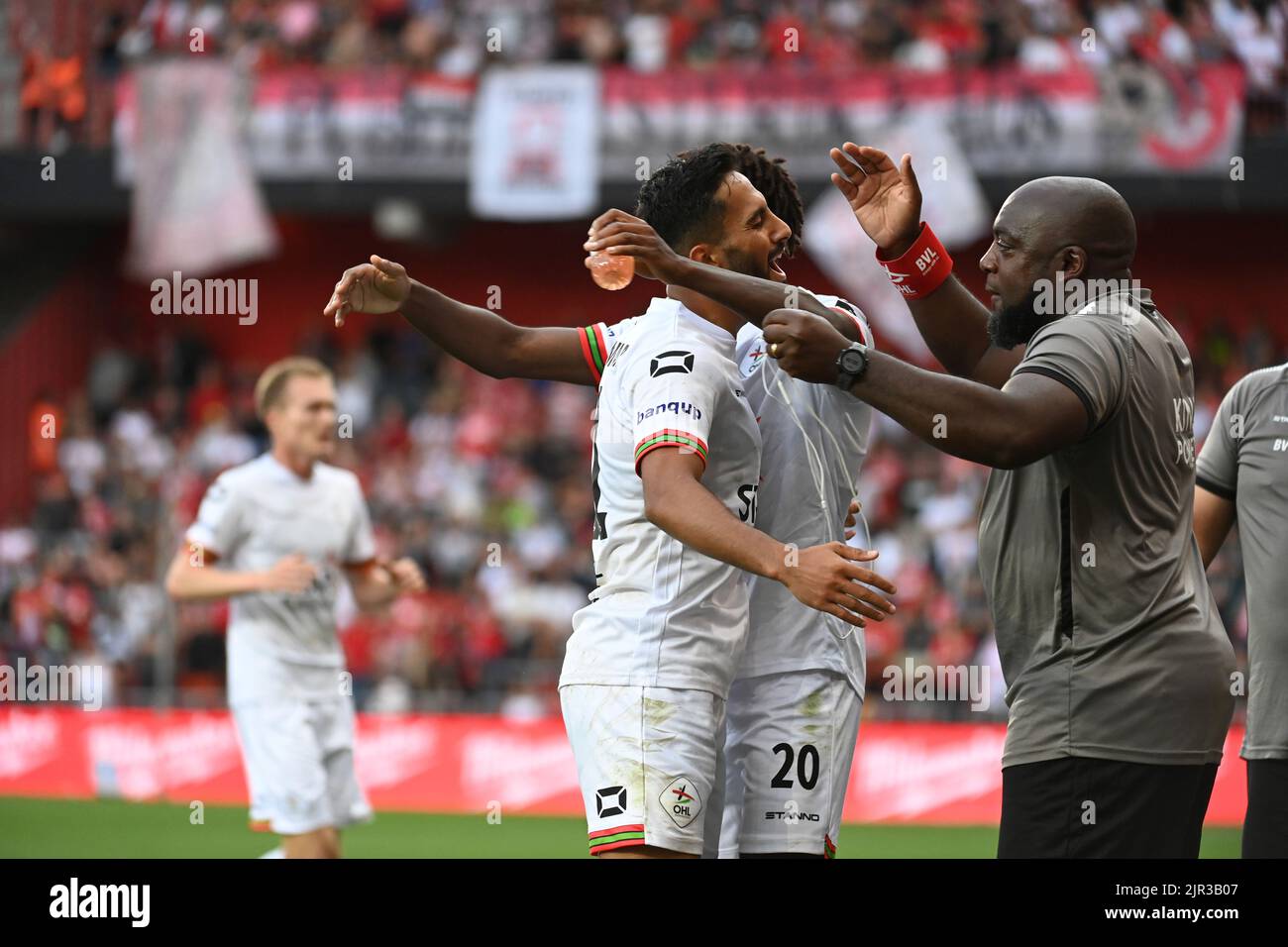 Liege, Belgium, 21 August 2022, OHL's Mousa Suleiman Tamari celebrates after scoring during a
