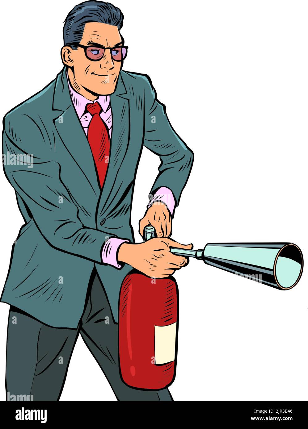 A businessman with a fire extinguisher is preparing to put out a fire