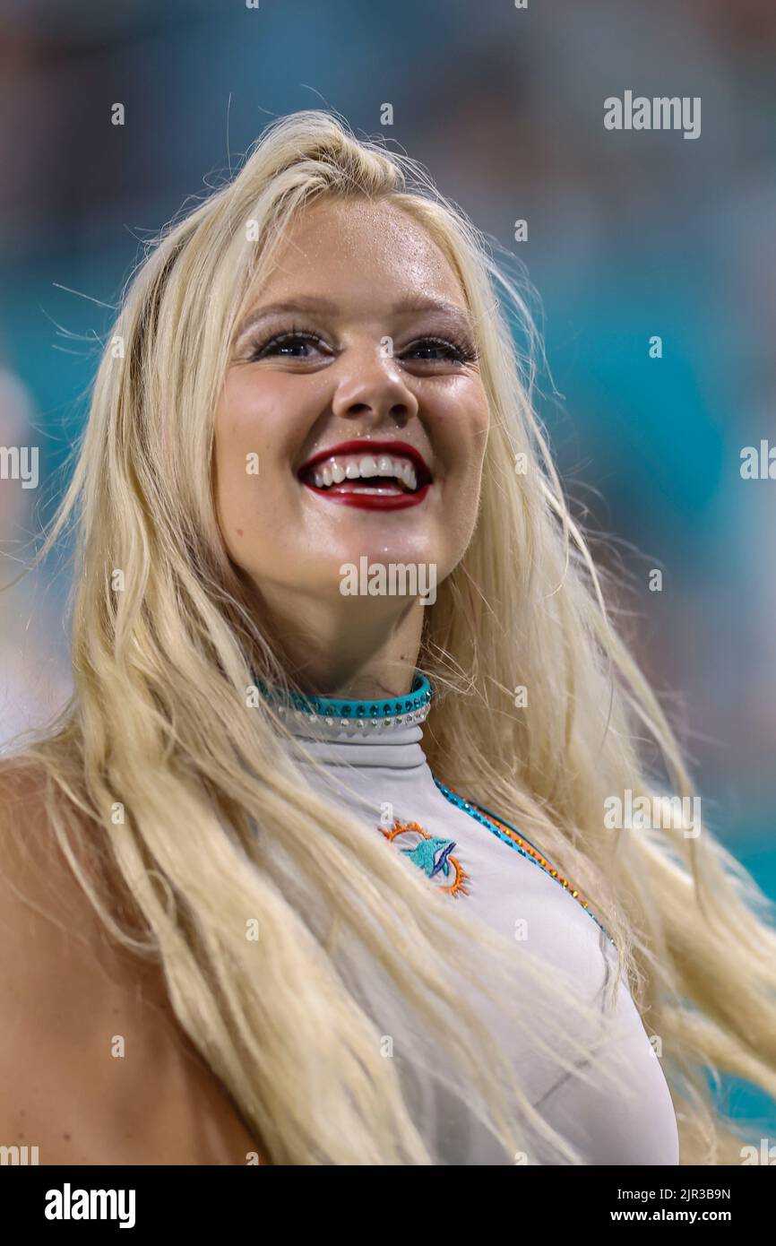Miami, United States. 20th Aug, 2022. Miami. FL USA; One of the Miami Dolphins cheerleaders during an NFL preseason game against the Las Vegas Raiders, Saturday, August 20, 2022, at the Hard Rock Stadium. The Raiders beat the Dolphins 15-13 (Kim Hukari/Image of Sport) Photo via Credit: Newscom/Alamy Live News Stock Photo