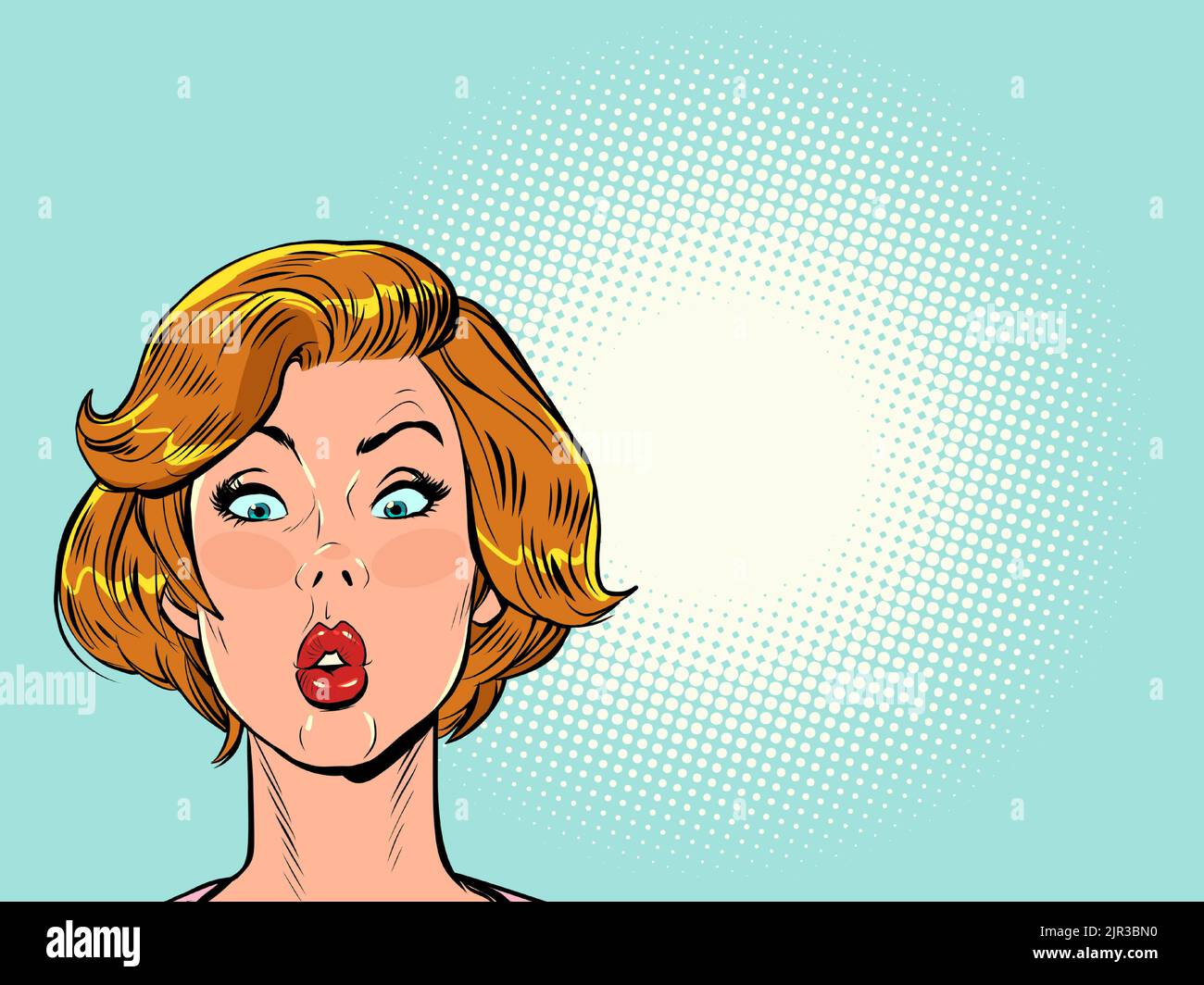 pop art surprised woman looks up. Attention gossip news universal blank background template retro vector illustration 50s 60s style kitsch vintage Stock Vector