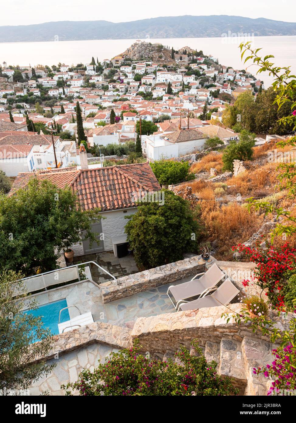 Swimming pool and view from pretty Greek villa on Hydra Island, Greece Stock Photo