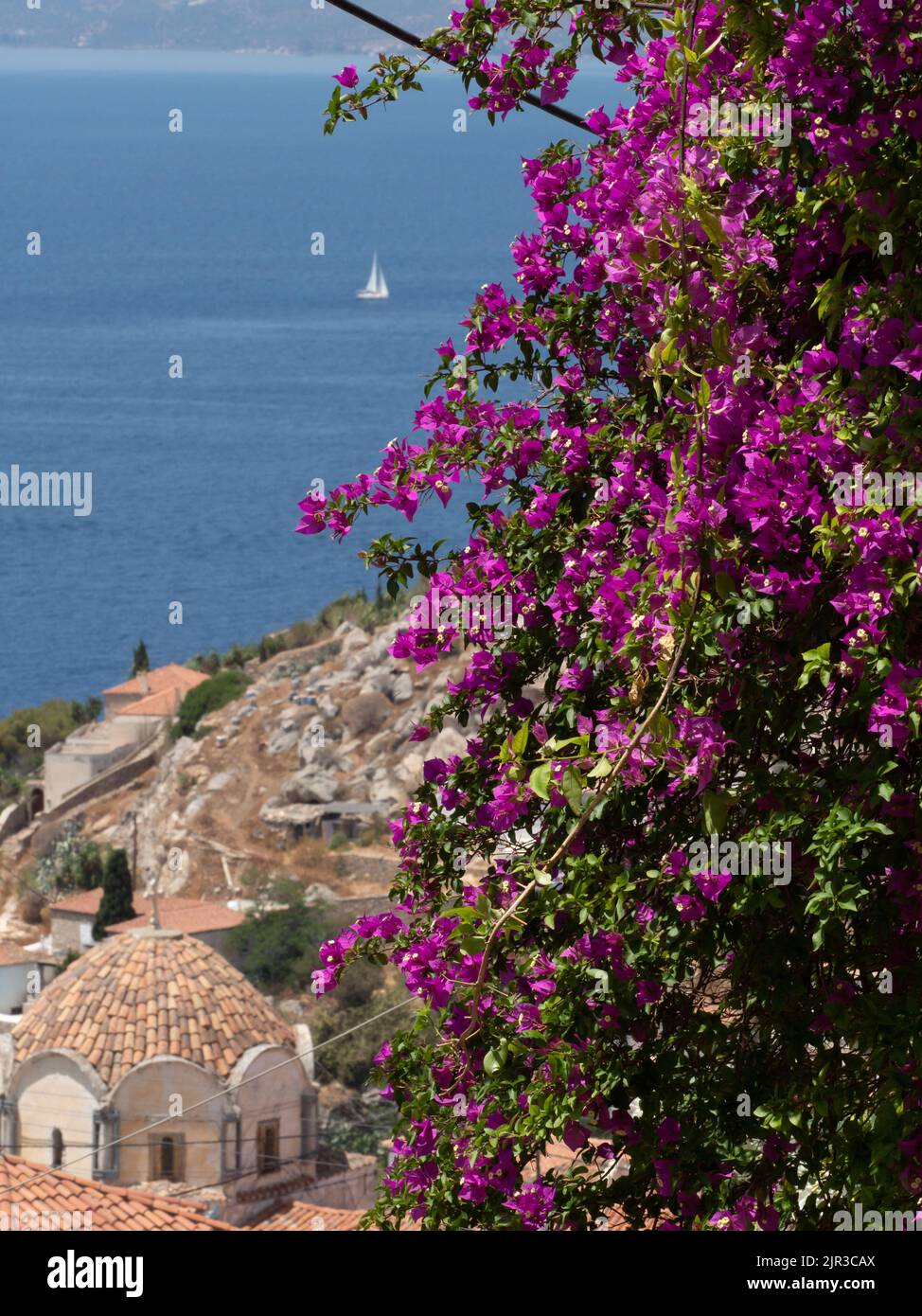 Pink bougainvillea flowers on Greek island with Aegean sea, terracotta