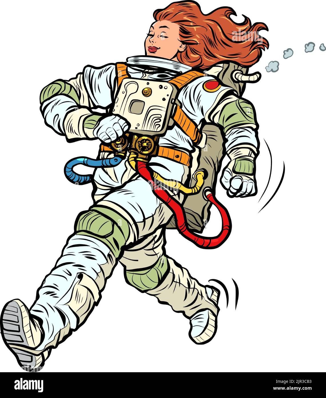Astronaut woman winner proudly walks forward. Astronaut space suit. Pop art retro vector illustration 50s 60s style kitsch vintage Stock Vector