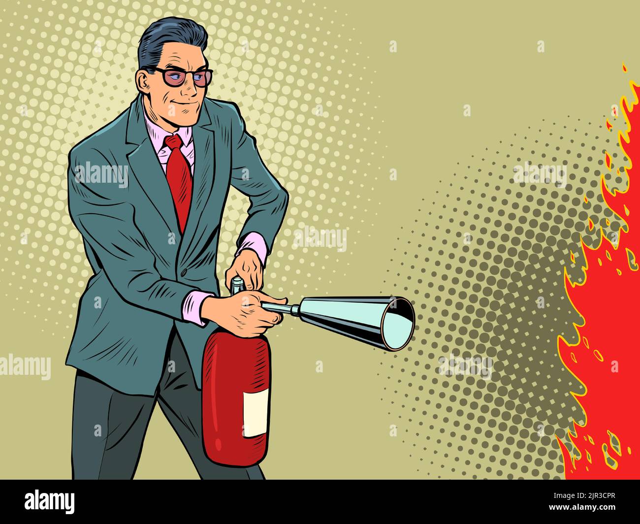 A businessman with a fire extinguisher is preparing to put out a fire