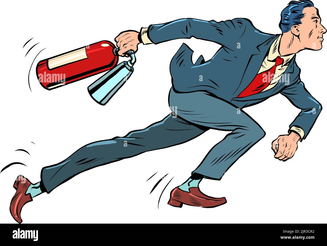 A businessman with a fire extinguisher is preparing to put out a fire. Extreme dangerous incident. Fighting fire. Pop art retro vector illustration 50 Stock Vector