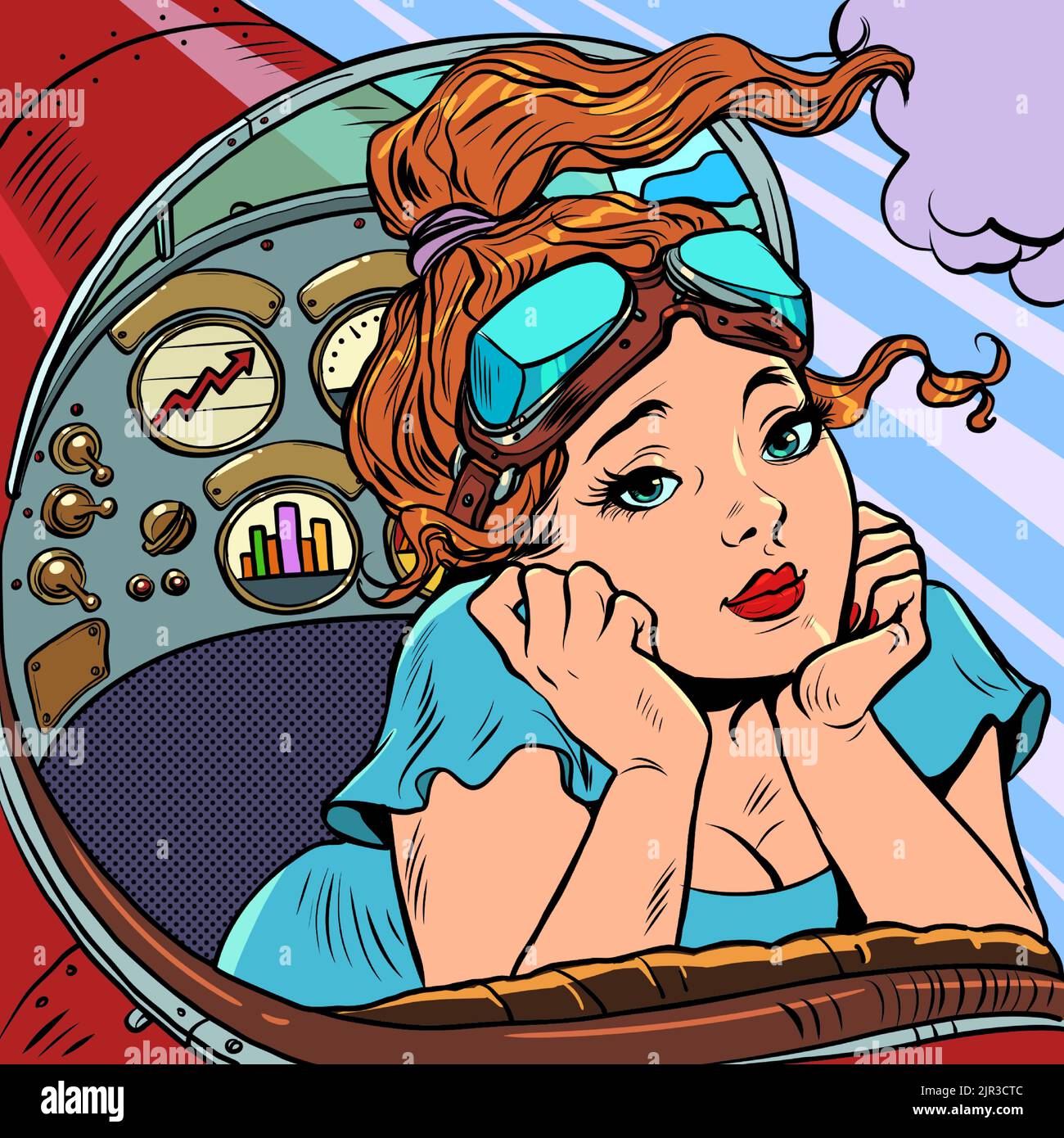 cockpit of a retro aircraft, the woman pilot leads the airplane. Pilot profession. Pop art retro vector illustration 50s 60s style kitsch vintage Stock Vector