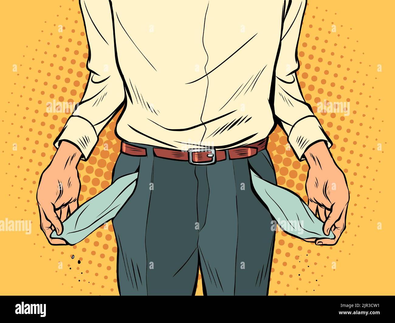 man with empty trouser pockets, economic recession. poverty. lack of money and income. Unemployment. Pop art retro vector illustration 50s 60s style k Stock Vector