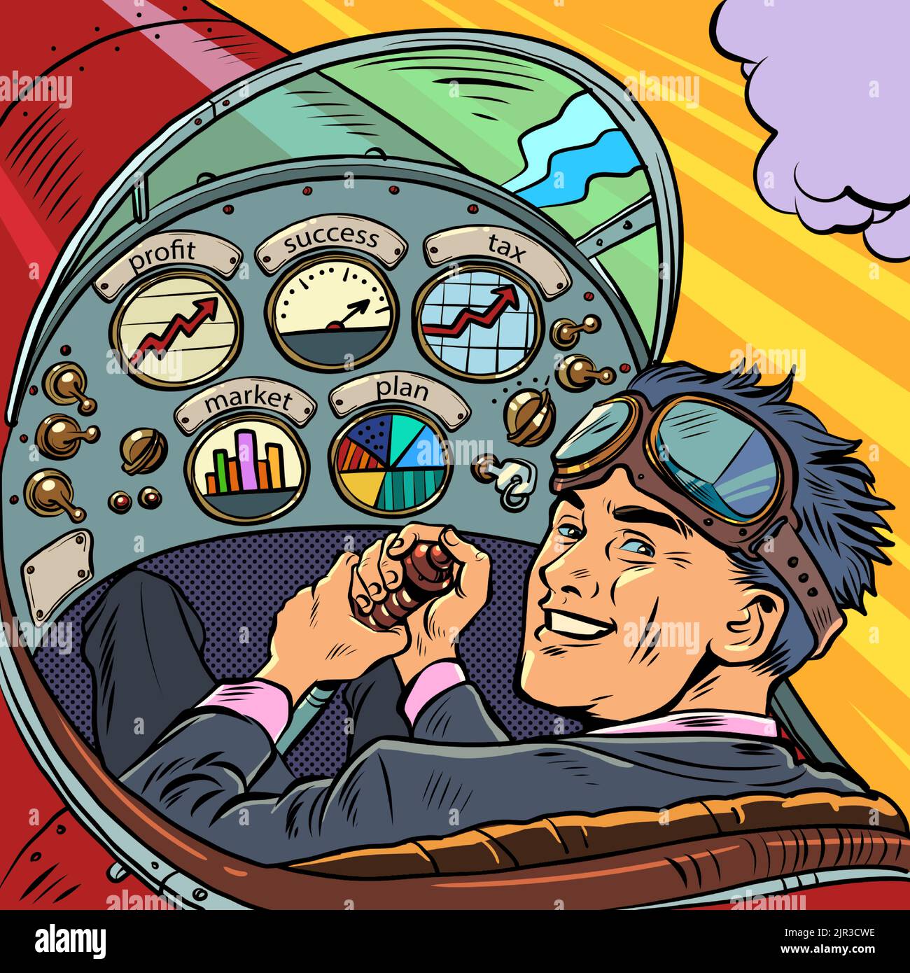 cockpit of a retro aircraft, the pilot leads the airplane. Pilot profession Stock Vector