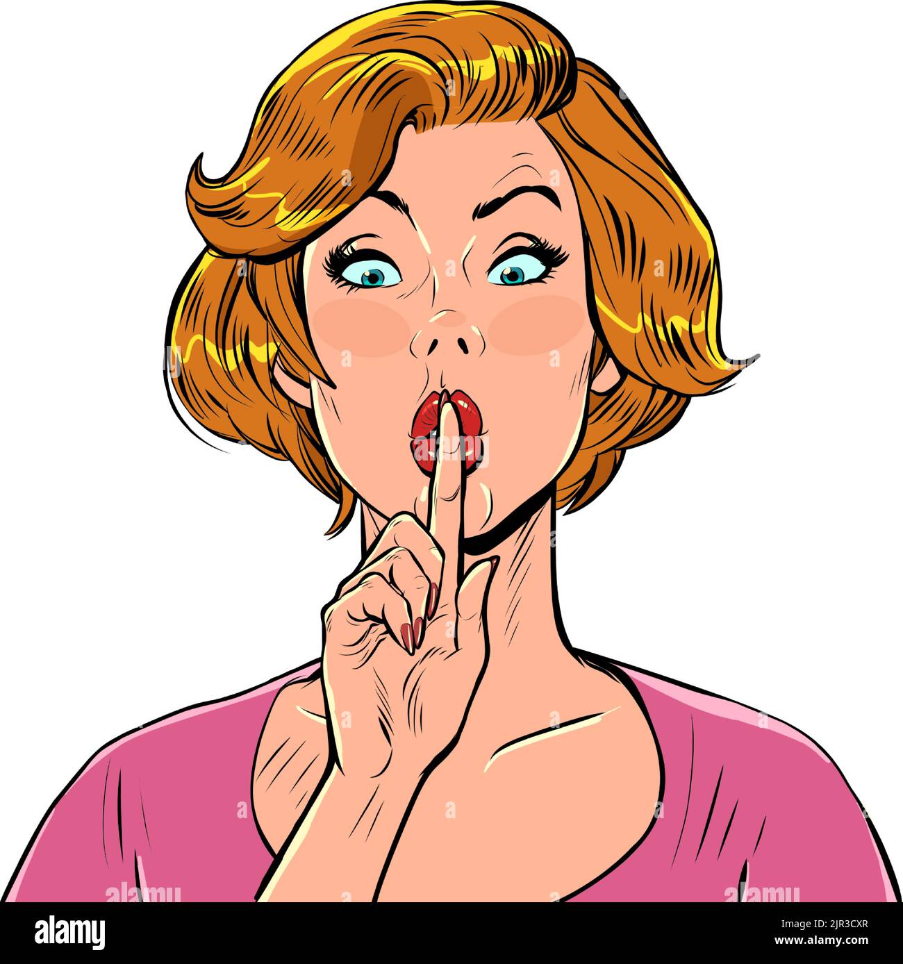 pop art surprised woman pressed her finger to her lips. Silence gossip news retro vector illustration 50s 60s style kitsch vintage Stock Vector