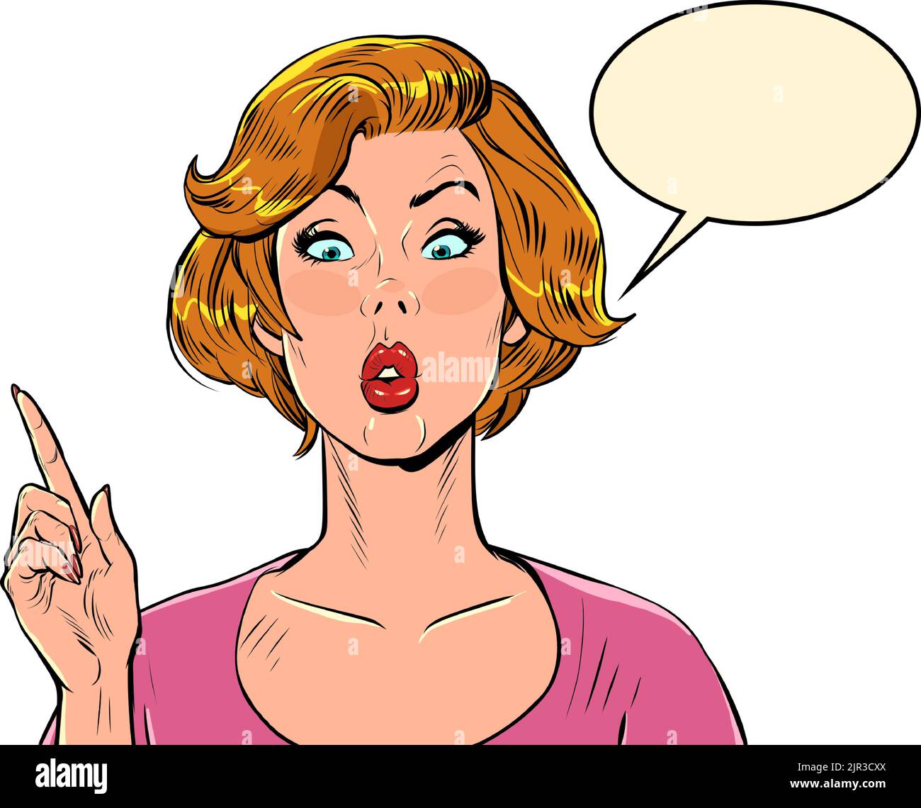 pop art surprised woman showing direction with index finger. Attention gossip news. Pop art retro vector illustration 50s 60s style kitsch vintage Stock Vector