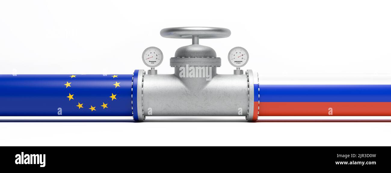 Natural Gas shortage in Europe concept. A pipeline with the flags of