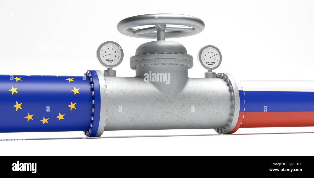 Natural Gas shortage in Europe concept. A pipeline with the flags of