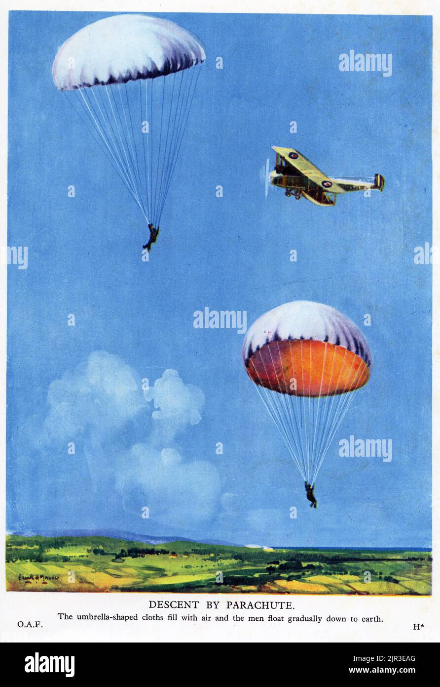 Halftone of pilots parachuting to the ground during the early days of World War Two, published 1942. Stock Photo