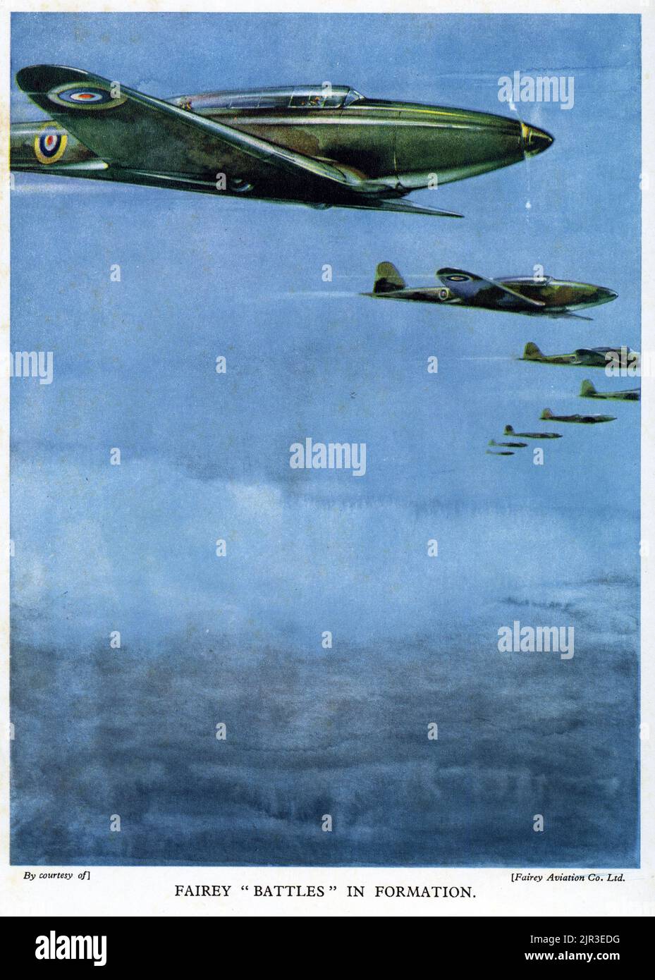 Halftone of a squadron of Fairey "Battles" flying in formation during World War Two, published 1942. Stock Photo