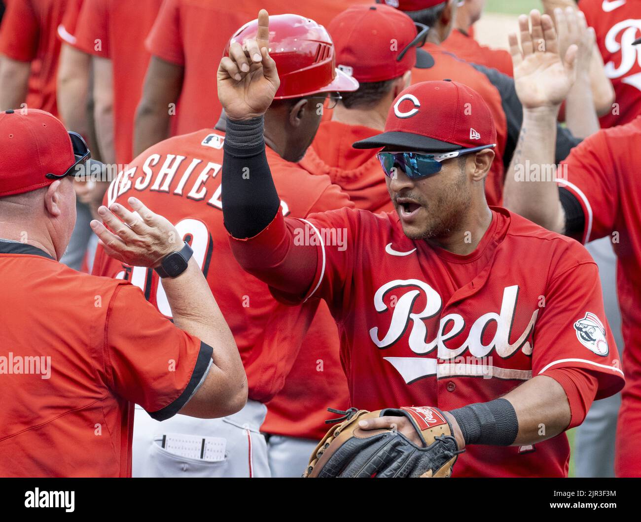 Cincinnati Reds celebrates their 9-5 win over the Pittsburgh Pirates at PNC Park on Sunday, August 21, 2022 in Pittsburgh.  Photo by Archie Carpenter/UPI Stock Photo