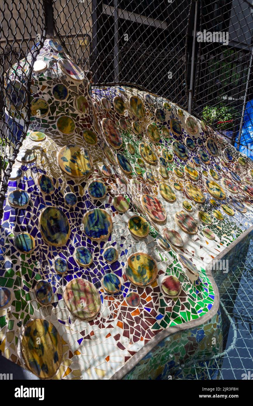 A beautiful shot of the decorations with tiles in the garden of Casa Batllo Stock Photo